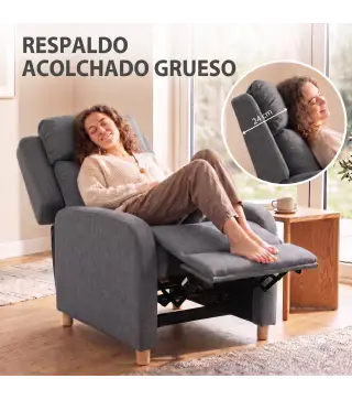 Sillón Relax Reclinable Manual Tapizado en Lino Instalación Rápida Reposapiés Acolchado Grueso y Patas de Madera Gris