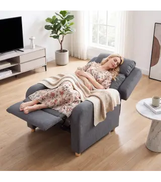 Sillón Relax Reclinable Manual Tapizado en Lino Instalación Rápida Reposapiés Acolchado Grueso y Patas de Madera Gris
