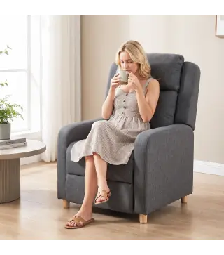 Sillón Relax Reclinable Manual Tapizado en Lino Instalación Rápida Reposapiés Acolchado Grueso y Patas de Madera Gris