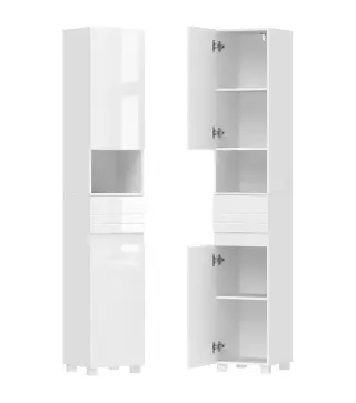 Armario Alto de Baño Mueble de Baño Estrecho Alto Brillo con Cajón Compartimento Abierto y Estantes Ajustables Blanco