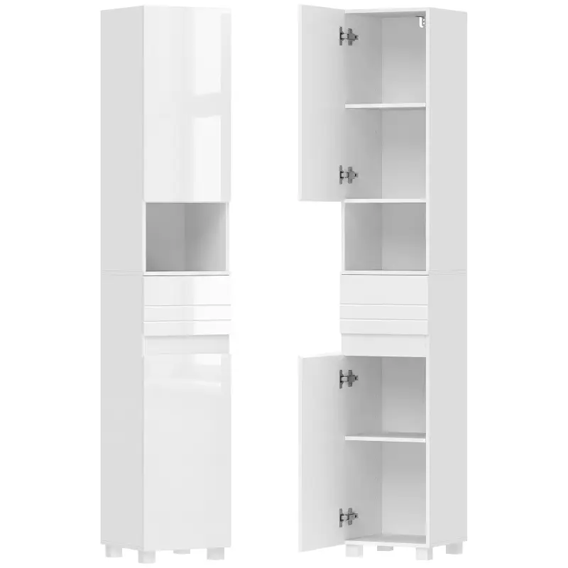 Armario Alto de Baño Mueble de Baño Estrecho Alto Brillo con Cajón Compartimento Abierto y Estantes Ajustables Blanco Armario Alto de Baño Mueble de Baño Estrecho Alto Brillo con Cajón Compartimento Abierto y Estantes Ajustables Blanco