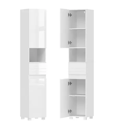 Armario Alto de Baño Mueble de Baño Estrecho Alto Brillo con Cajón Compartimento Abierto y Estantes Ajustables Blanco
