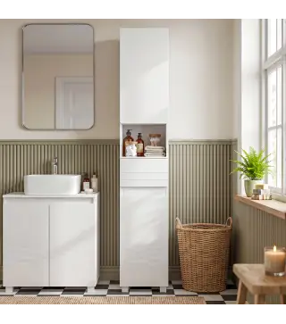 Armario Alto de Baño Mueble de Baño Estrecho Alto Brillo con Cajón Compartimento Abierto y Estantes Ajustables Blanco