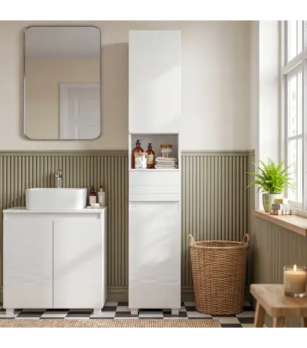 Armario Alto de Baño Mueble de Baño Estrecho Alto Brillo con Cajón Compartimento Abierto y Estantes Ajustables Blanco