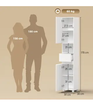 Armario Alto de Baño Mueble de Baño Estrecho Alto Brillo con Cajón Compartimento Abierto y Estantes Ajustables Blanco