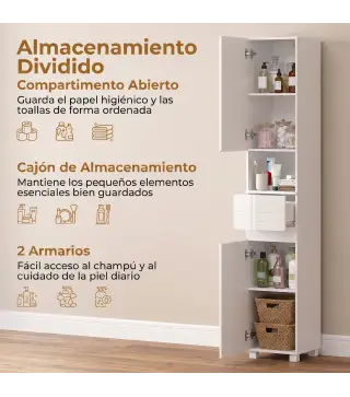 Armario Alto de Baño Mueble de Baño Estrecho Alto Brillo con Cajón Compartimento Abierto y Estantes Ajustables Blanco