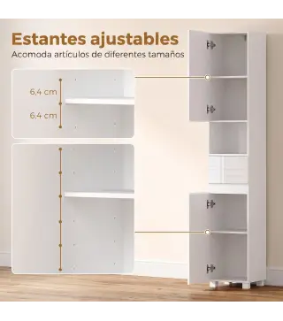 Armario Alto de Baño Mueble de Baño Estrecho Alto Brillo con Cajón Compartimento Abierto y Estantes Ajustables Blanco