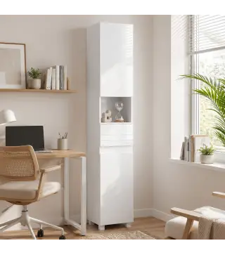 Armario Alto de Baño Mueble de Baño Estrecho Alto Brillo con Cajón Compartimento Abierto y Estantes Ajustables Blanco