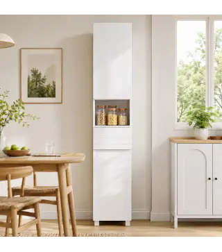 Armario Alto de Baño Mueble de Baño Estrecho Alto Brillo con Cajón Compartimento Abierto y Estantes Ajustables Blanco