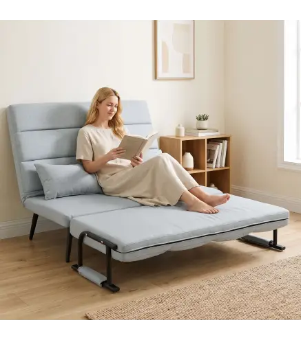 Sofá Cama 2 Plazas Convertible 3 en 1 Tapizado en Lino con Respaldo Ajustable Click-Clack Gris Claro