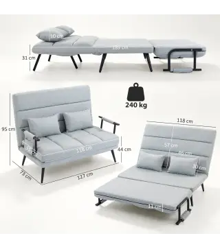 Sofá Cama 2 Plazas Convertible 3 en 1 Tapizado en Lino con Respaldo Ajustable Click-Clack Gris Claro