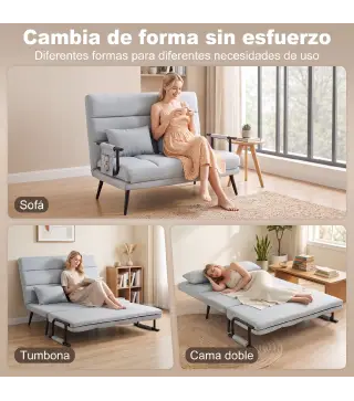 Sofá Cama 2 Plazas Convertible 3 en 1 Tapizado en Lino con Respaldo Ajustable Click-Clack Gris Claro