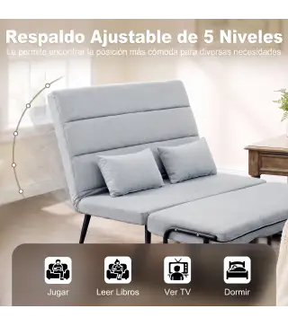 Sofá Cama 2 Plazas Convertible 3 en 1 Tapizado en Lino con Respaldo Ajustable Click-Clack Gris Claro
