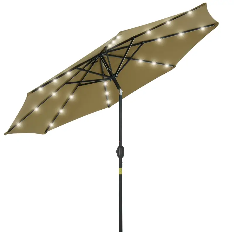Parasol de Terraza Ø268x238 cm con 24 Luces LED Solar Mecanismo de Inclinación Manivela y Poste Desmontable Marrón