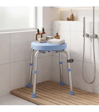 Taburete de Ducha Giratorio 360° Taburete Ducha con Marco de Aluminio y Altura Regulable en 5 Niveles Azul Claro