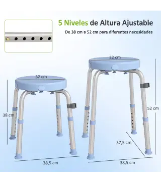 Taburete de Ducha Giratorio 360° Taburete Ducha con Marco de Aluminio y Altura Regulable en 5 Niveles Azul Claro