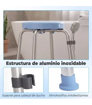 Taburete de Ducha Giratorio 360° Taburete Ducha con Marco de Aluminio y Altura Regulable en 5 Niveles Azul Claro