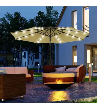 Parasol de Terraza Ø268x238 cm con 24 Luces LED Solar Mecanismo de Inclinación Manivela y Poste Desmontable Marrón