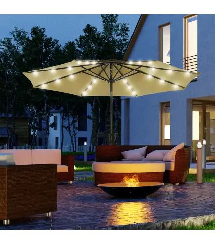 Parasol de Terraza Ø268x238 cm con 24 Luces LED Solar Mecanismo de Inclinación Manivela y Poste Desmontable Marrón
