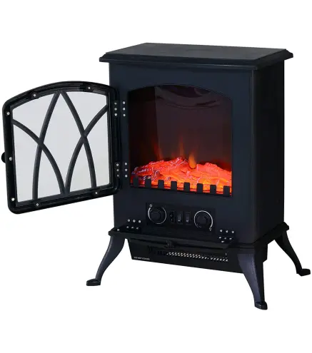 Chimenea Eléctrica Móvil 1000W/2000W Estufa de Pie Silencioso con Efecto de Llamas y Área de Cobertura 30m² Negro