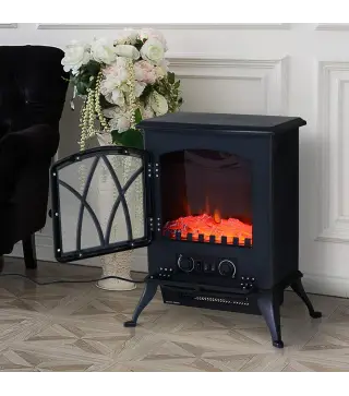 Chimenea Eléctrica Móvil 1000W/2000W Estufa de Pie Silencioso con Efecto de Llamas y Área de Cobertura 30m² Negro