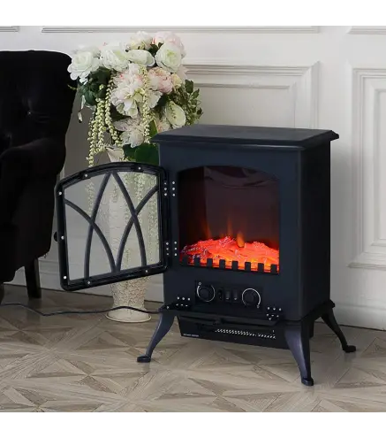 Chimenea Eléctrica Móvil 1000W/2000W Estufa de Pie Silencioso con Efecto de Llamas y Área de Cobertura 30m² Negro