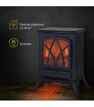 Chimenea Eléctrica Móvil 1000W/2000W Estufa de Pie Silencioso con Efecto de Llamas y Área de Cobertura 30m² Negro