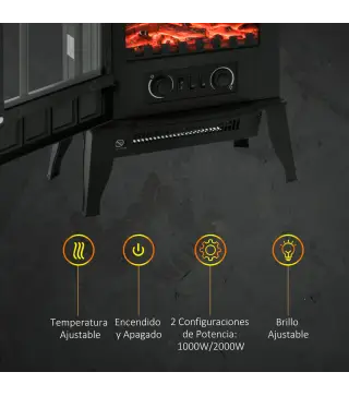 Chimenea Eléctrica 1000W/2000W Efecto de Llama Temperatura Ajustable y Protección Sobrecalentamiento para 15-30 ㎡ Negro