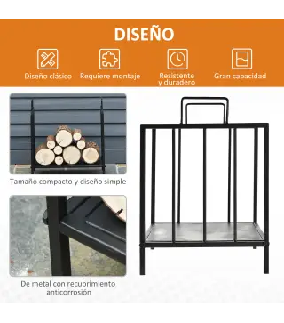 Estante de Leña para Chimenea Tradicional Leñero Interior y Exterior Almacenaje para Madera Soporte para Leña con Asas Diseño El