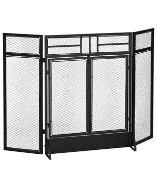 Salvachispas Plegable Pantalla Protectora de Chimenea de 3 Paneles con Doble Puerta y Pies 120x11,5x79 cm Negro