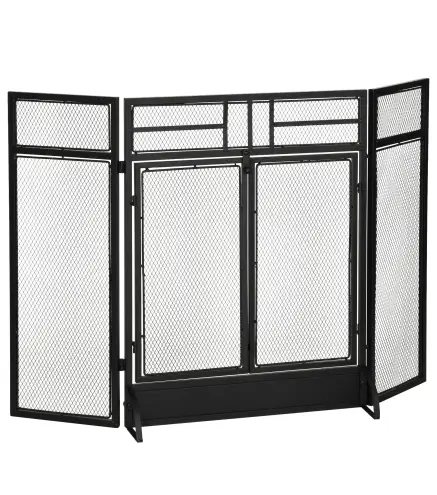 Salvachispas Plegable Pantalla Protectora de Chimenea de 3 Paneles con Doble Puerta y Pies 120x11,5x79 cm Negro