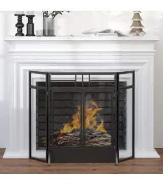 Salvachispas Plegable Pantalla Protectora de Chimenea de 3 Paneles con Doble Puerta y Pies 120x11,5x79 cm Negro