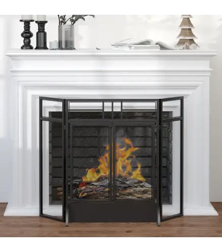 Salvachispas Plegable Pantalla Protectora de Chimenea de 3 Paneles con Doble Puerta y Pies 120x11,5x79 cm Negro