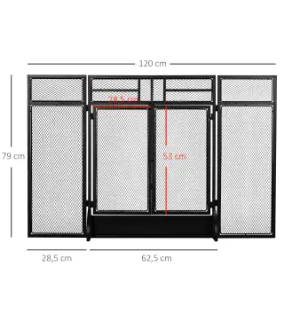 Salvachispas Plegable Pantalla Protectora de Chimenea de 3 Paneles con Doble Puerta y Pies 120x11,5x79 cm Negro