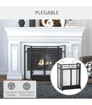 Salvachispas Plegable Pantalla Protectora de Chimenea de 3 Paneles con Doble Puerta y Pies 120x11,5x79 cm Negro