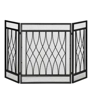 Pantalla Protectora de Chimenea Plegable de 3 Paneles con Bisagras y Estructura de Metal Decorativa 126x3x80 cm Negro