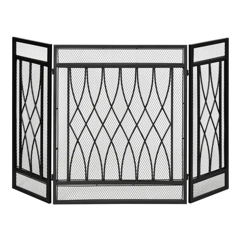 Pantalla Protectora de Chimenea Plegable de 3 Paneles con Bisagras y Estructura de Metal Decorativa 126x3x80 cm Negro