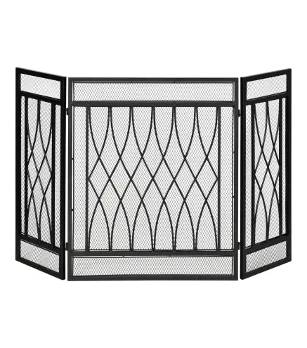 Pantalla Protectora de Chimenea Plegable de 3 Paneles con Bisagras y Estructura de Metal Decorativa 126x3x80 cm Negro