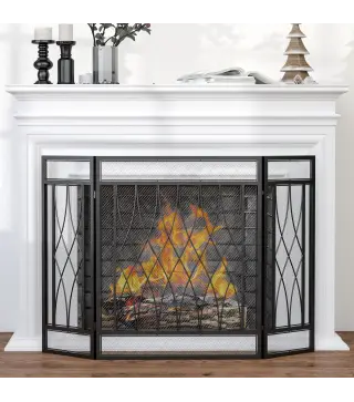 Pantalla Protectora de Chimenea Plegable de 3 Paneles con Bisagras y Estructura de Metal Decorativa 126x3x80 cm Negro