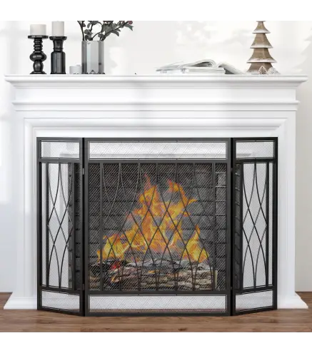 Pantalla Protectora de Chimenea Plegable de 3 Paneles con Bisagras y Estructura de Metal Decorativa 126x3x80 cm Negro