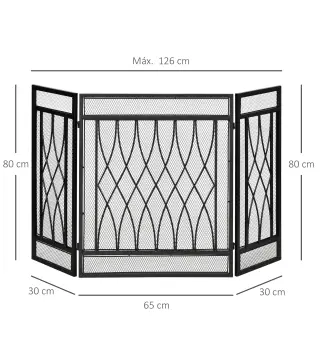 Pantalla Protectora de Chimenea Plegable de 3 Paneles con Bisagras y Estructura de Metal Decorativa 126x3x80 cm Negro