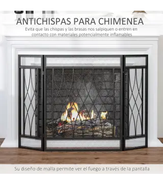 Pantalla Protectora de Chimenea Plegable de 3 Paneles con Bisagras y Estructura de Metal Decorativa 126x3x80 cm Negro