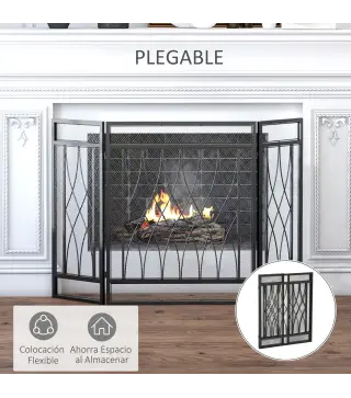 Pantalla Protectora de Chimenea Plegable de 3 Paneles con Bisagras y Estructura de Metal Decorativa 126x3x80 cm Negro