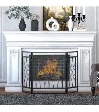 Pantalla Protectora de Chimenea Plegable de 3 Paneles con Bisagras y Estructura de Metal Decorativa 126x3x80 cm Negro