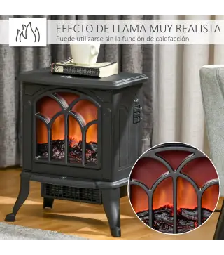Chimenea Eléctrica de Pie 750/1500 W con 2 Niveles de Potencia Efecto Llama Área de Cobertura 15-20 m² Negro