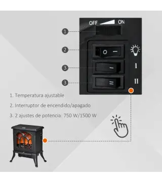 Chimenea Eléctrica de Pie 750/1500 W con 2 Niveles de Potencia Efecto Llama Área de Cobertura 15-20 m² Negro