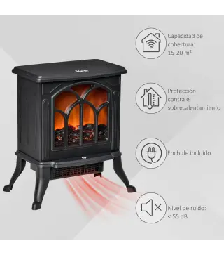 Chimenea Eléctrica de Pie 750/1500 W con 2 Niveles de Potencia Efecto Llama Área de Cobertura 15-20 m² Negro