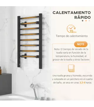 Toallero Eléctrico de Pared o Suelo con Función de Temporizador y 8 Barras 53x35x90 cm Negro
