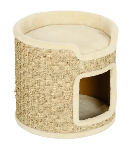 Barril Rascador para Gatos Altura 37 cm Torre para Gatos con Cueva y Cama Superior Cubierto de Sisal Caqui