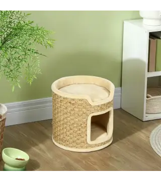 Barril Rascador para Gatos Altura 37 cm Torre para Gatos con Cueva y Cama Superior Cubierto de Sisal Caqui